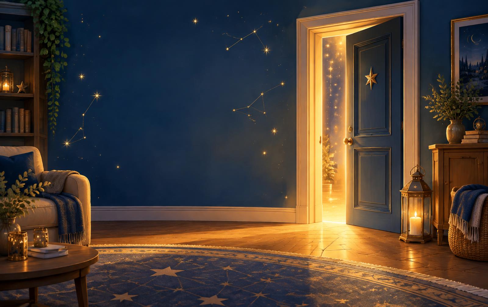 Una puerta iluminada durante una noche mágica
