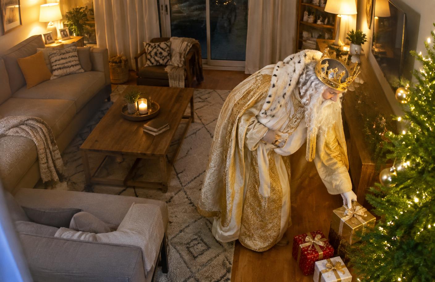 Melchor dejando regalos en un salón